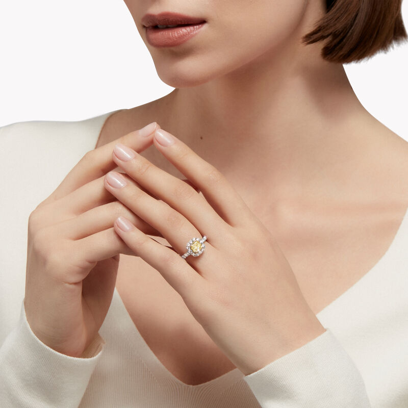 Icon Cushion Cut Yellow and White Diamond Engagement Ring, , hi-res