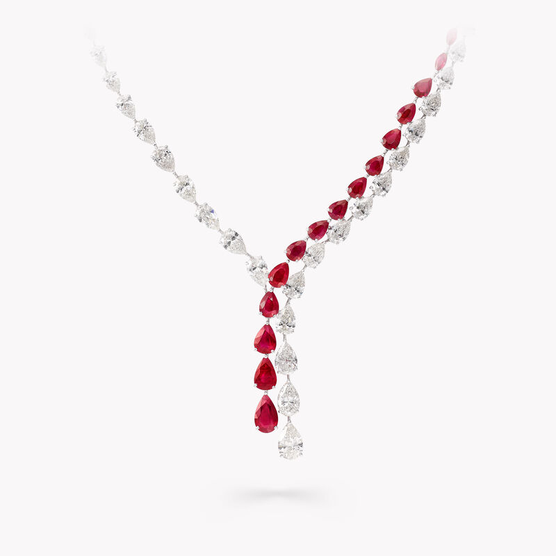 Pear Shape Ruby and Diamond Cross-over Necklace, , hi-res