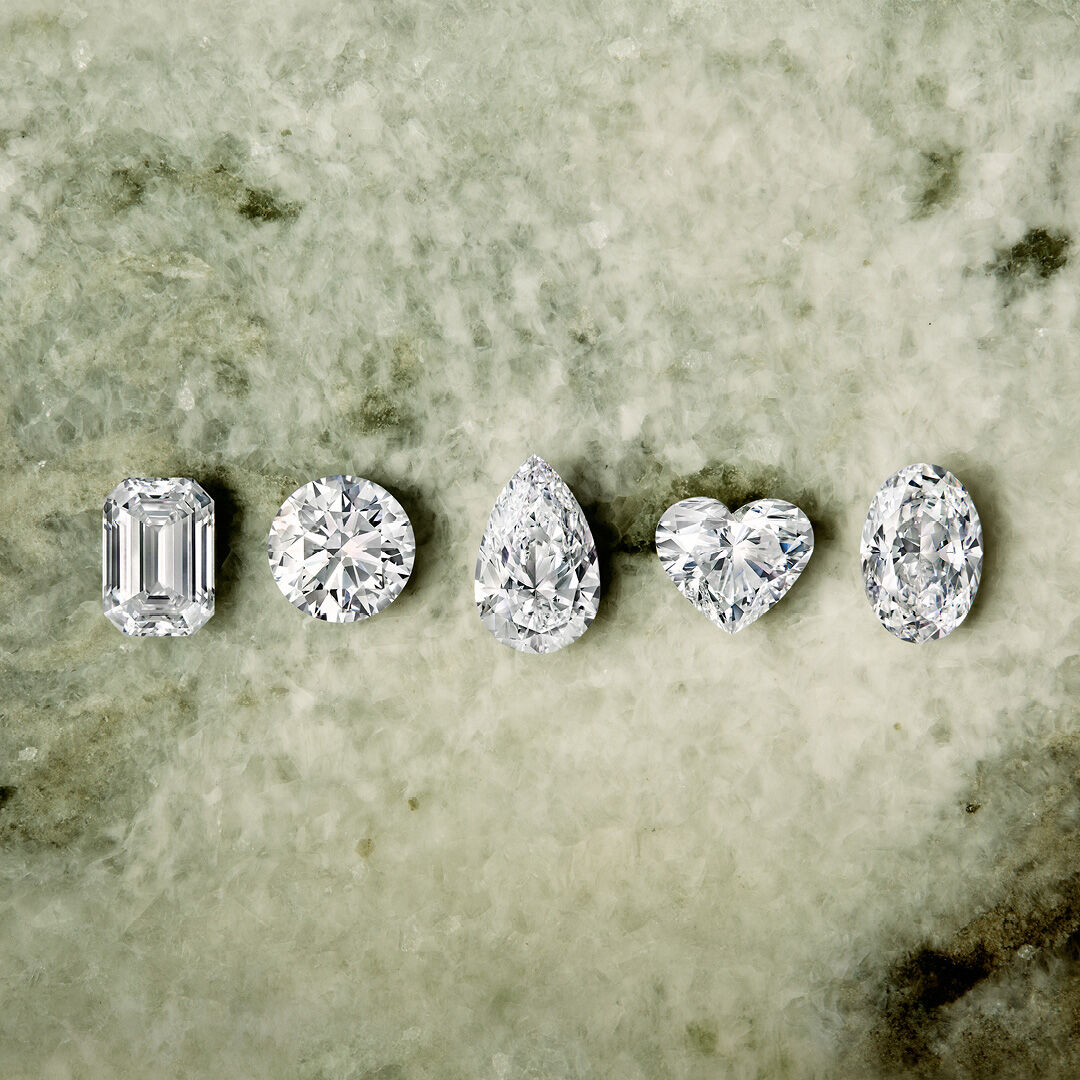 A Guide to Diamond Cuts and Shapes - image shows loose Graff diamond of different cuts and shapes
