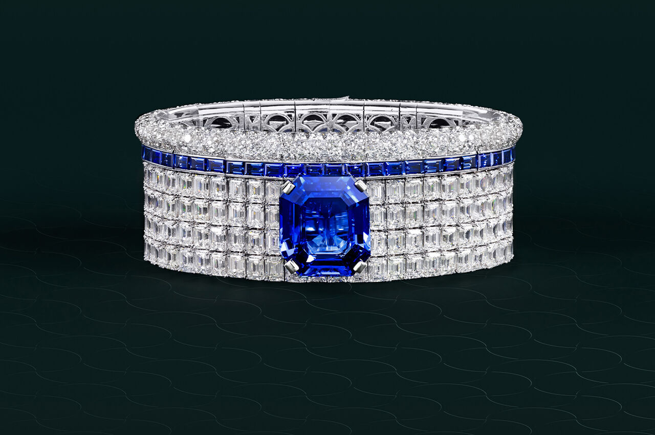 Discover Sapphire High Jewellery, image shows Graff Sapphire and White Diamond High Jewellery bangle