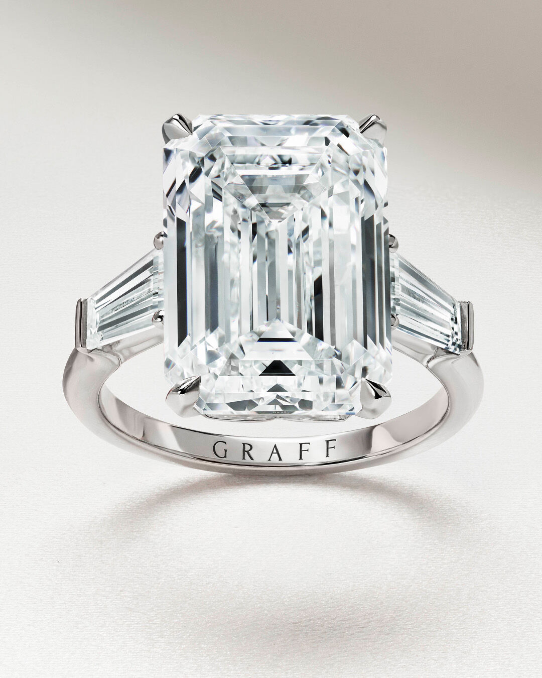 Image shows Graff Diamond Emerald Cut engagement ring