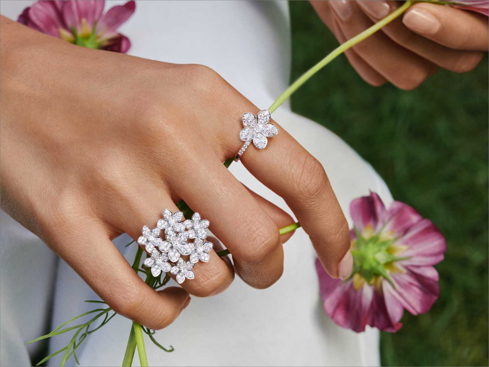 Graff Wild Flower jewellery collection diamond ring on model