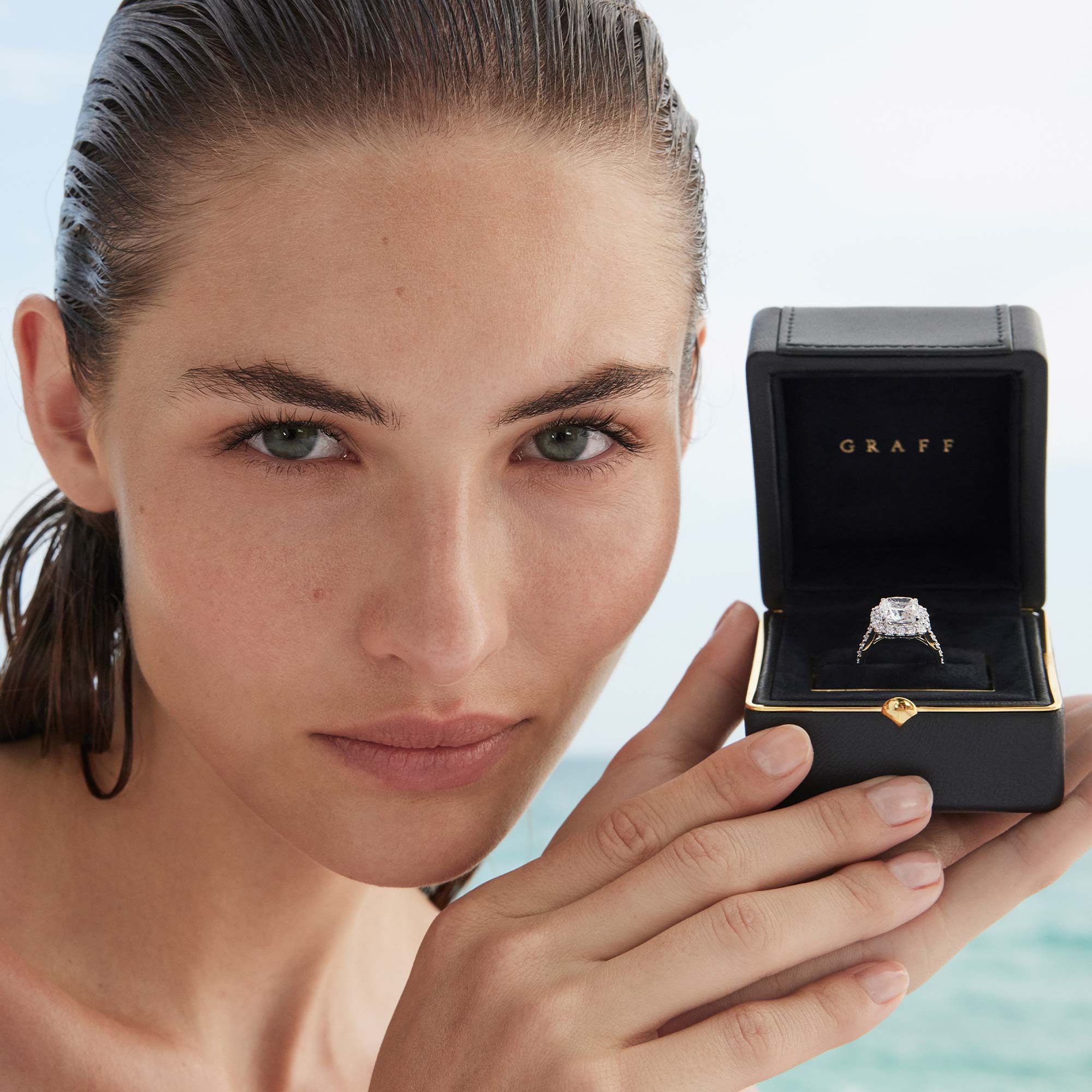 Model wearing Graff Constellation Round Diamond Engagement Ring DIAMOND PAVÉ BAND, WHITE GOLD and Round Diamond Wedding Band